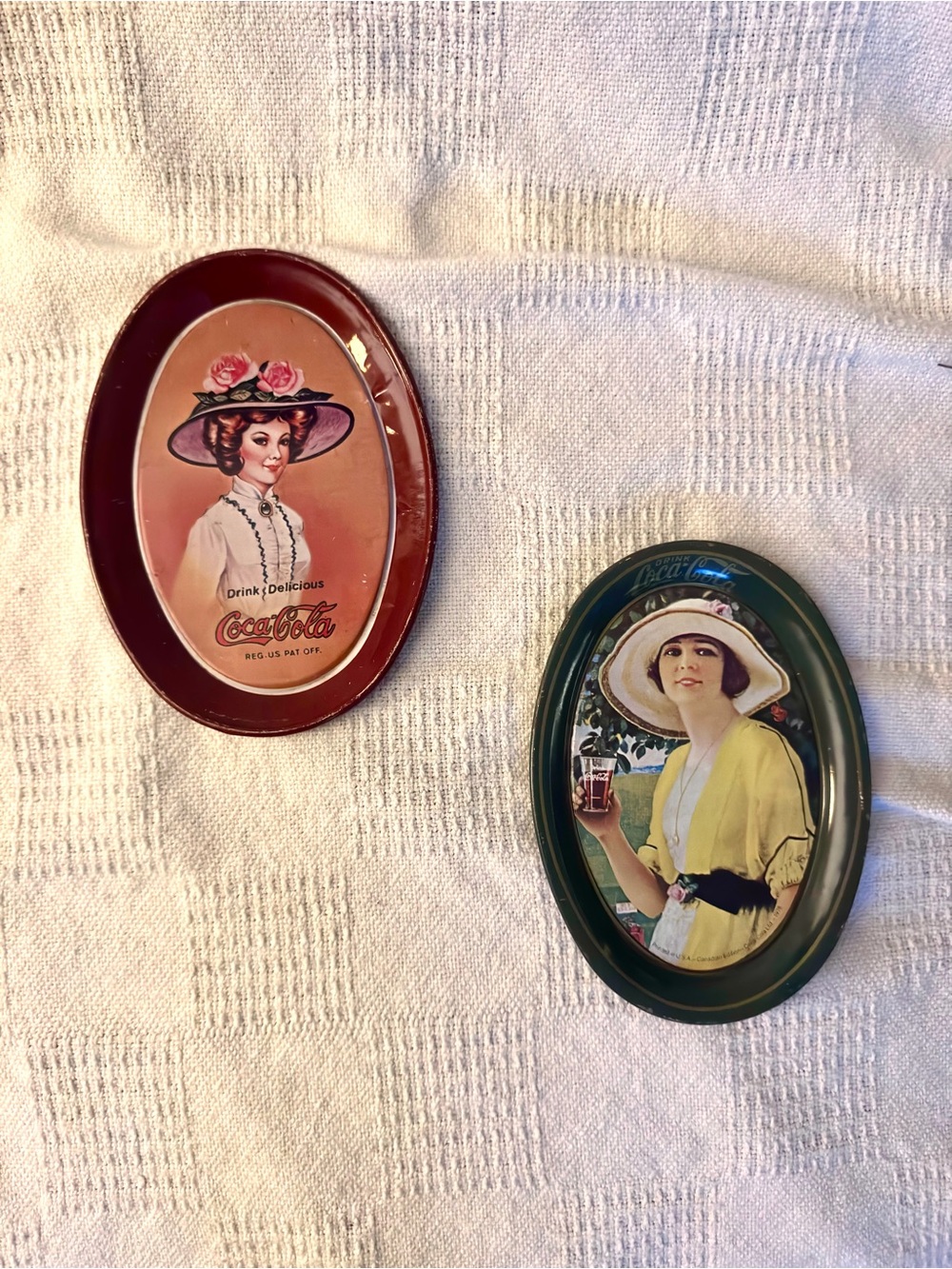 Coca-Cola Oval Tin Tray Duo with Red and Green Borders